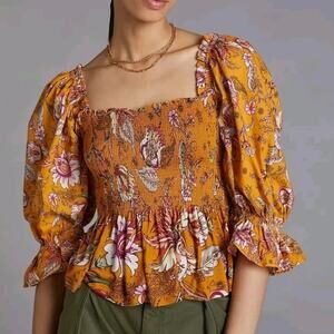 Conditions Apply Anthropologie Floral Smocked Puff Sleeve Blouse Small Boho
